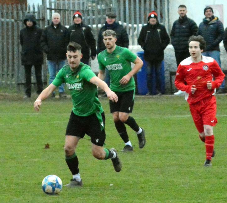 Rhys Jones scored twice for league leaders Goodwick United at Marble Hall. Picture Gordon Thomas